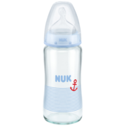 NUK宽口玻璃奶瓶婴儿奶瓶0-6月中圆孔硅胶蓝色240ml德国进口图案随机
