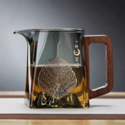 京赛 办公文具办公生活木柄高硼硅玻璃公道杯创意方底观山造型分茶器大容量 透黑款