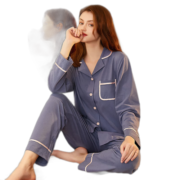 芬腾 睡衣女纯棉23年春秋新款简约纯色翻领长袖开衫家居服套装 灰兰 M