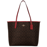 蔻驰（COACH）奢侈品女士手提单肩包托特包深棕拼红色5696【品牌授权直供】