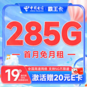 中国电信 流量卡阳光卡5G电信星卡手机卡电话卡 不限速上网卡低月租全国通用校园卡 霸王卡-19月租28