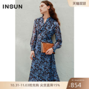 INSUN 恩裳 2023春季新款仿真丝东方韵味印花连衣裙立领压褶裙子