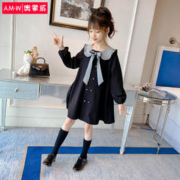 奥蒙威 女童长袖连衣裙秋装儿童公主裙小女孩中大童裙子NX1214黑色130