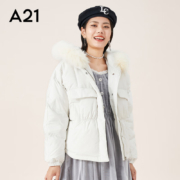 A21秋冬女装 梭织宽松连帽长袖开胸中厚羽绒外套