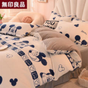 MUJI 無印良品 MJ68牛奶绒四件套 A类冬季加厚双面印花双人套件亲肤加大保暖套件 米奇Q 三件套(被套150*200cm)