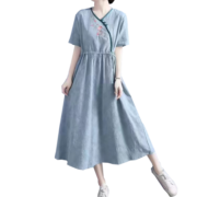 子牧棉麻2023夏装 女复古百搭V领绣花中长款短袖连衣裙0305清72 蓝色  XL(建议115-125斤)