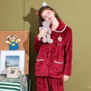 FENTENG 芬腾 女士 长袖翻领家居服套装 深红 S