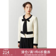 DUSHU 独束 大码女装小香风法式蝴蝶结系带短外套女秋冬微胖mm撞色拼接上衣 奶盖白 M