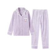 芬腾睡衣女冬季新品法兰绒开衫长袖纯色翻领家居服套装 浅紫 M