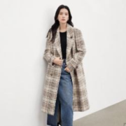 20点开始：对白 撞色格纹 女式中长款毛呢大衣