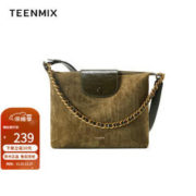 TEENMIX 天美意 包包2023新款反绒大容量百搭斜挎包通勤单肩女包 橄榄绿