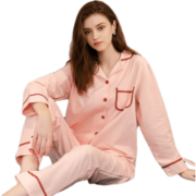 芬腾 睡衣女纯棉23年春秋新款简约经典翻领开衫多色全棉家居服套装 虾粉 XL