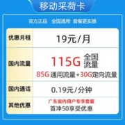 中国移动 采荷卡 19元月租（115G全国流量＋只发广东省）
