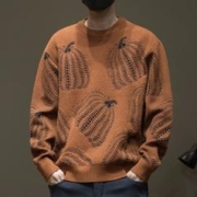 希越 男士针织毛衣日系复古宽松大码南瓜色圆领线衣冬季新款打底衫