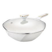 PLUS会员：村田稻夫 麦饭石色不粘锅炒锅 30cm-带盖【奶白米色】适合1-4人