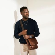 FOSSIL 化石棕色公文包男包单肩斜挎实用大容量真皮邮差包商务通勤