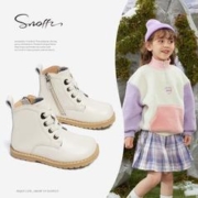 Snoffy 斯纳菲 女童皮靴儿童短靴2023冬季新款加绒保暖宝宝马丁靴子