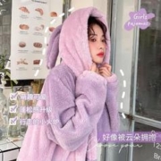 six rabbit 六只兔子 法兰绒家居服女秋冬款保暖加厚睡袍毛绒卡通少女连帽睡衣 少女粉 S
