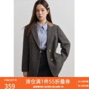 DUSHU 独束 大码女装设计感复古毛呢西装女冬新款正肩彩点羊毛混纺毛呢外套 深麻灰 XL