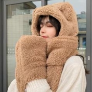 小熊帽子围巾一体毛绒三件套
