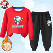 SNOOPY 史努比 男女童加绒卫衣套装卡通秋冬季保暖中小大童加厚上衣 加绒红色卫衣+黑裤