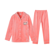 芬腾睡衣女冬季新品法兰绒开衫长袖纯色翻领家居服套装 虾粉 L