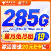 中国电信 霸王卡 19元月租（首月免月租+285G全国流量）激活赠20元E卡