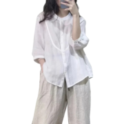 子牧棉麻2023夏装 女衬衣时尚刺绣宽松百搭单排扣洋气纯色衬衫上衣8015 蓝色  XXL(建议125-140斤)