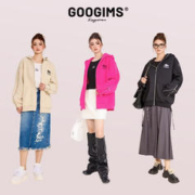 Googims 连帽开衫卫衣男女同款情侣个性潮款潮牌拉链袖子宽松休闲运动外套 玫红色 L
