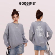 Googims 圆领毛衣男女同款情侣秋季宽松破洞印花潮款潮牌休闲针织衫上衣 太空灰