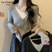 La Chapelle 韩系假两件软糯针织开衫女秋装新设计感内搭打底衫上衣Y