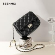 TEENMIX 天美意 包包女包2023新款斜挎包小金球方胖子小香风单肩菱格链条包女 黑色