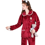 芬腾 睡衣女珊瑚绒家居服套装 深红 XL