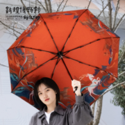 敦煌博物馆 九色鹿系列防风晴雨伞高颜值太阳伞小巧黑胶折叠遮阳伞男女两用8骨三折 敦煌文创 九色鹿系列