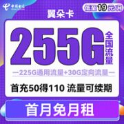 中国电信 翼朵卡 19元月租（225G通用流量+30G定向流量）送40话费