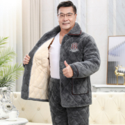 男士睡衣秋冬季三层加厚加绒珊瑚绒夹棉保暖中老年爸爸家居服套装