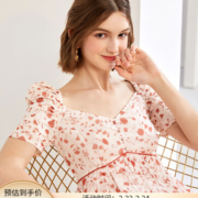 糖力夏季新款杏色v领碎花五分泡泡袖裙子单排扣雪纺连衣裙女 花杏色 XS