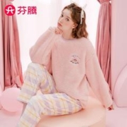 FENTENG 芬腾 睡衣男长袖圆领珊瑚绒保暖套头男士家居服套装 樱花粉-女款 XL