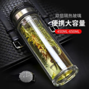 GEYA 格亚 玻璃杯大容量便携水杯男士双层加厚泡茶杯户外水杯带提手杯子 黑色 450ML