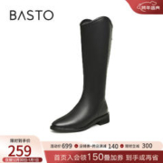 BASTO 百思图 23冬季时尚英伦时装靴粗跟尖头女黑色长筒靴子MD603DG3 黑色 37