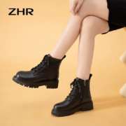 ZHR 便捷侧拉链加绒厚底增高英伦风马丁靴 黑色