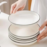 竹木本记 竖纹黑线 陶瓷餐具 7英寸4个