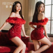 Fee et moi 霏慕 字肩挖空露胸亮片裙（连衣裙+透明肩带*2+T裤）