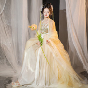 卫跃原创成人汉服女夏款绿黄色日常超仙飘逸古装中国风诃子裙唐制
