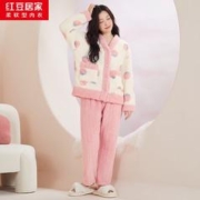 红豆居家 女式秋冬加绒加厚保暖甜美印花珊瑚绒睡衣家居服 奶昔粉 165/88A