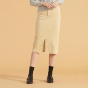 E·LAND 衣恋 裙子半身裙秋冬简约复古开叉灯芯绒纯色半身裙女