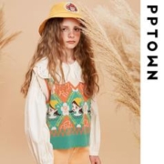 PPTOWN 巴巴小镇 女童马甲背心毛衣秋冬季2023新款V领儿童韩版打底针织衫