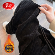Langsha 浪莎 女士雪尼尔加绒阔腿裤 黑色-冬季加绒款 M
