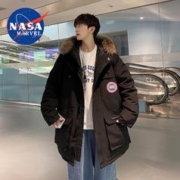 NASA MARVEL 连帽羽绒服男潮牌短款工装白鸭绒毛领户外休闲上衣情侣款派克服男 黑色 XL