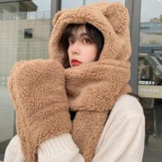 LING JING 灵镜 网红小熊帽子围巾手套一体女冬季保暖护耳亲子毛绒围脖三合一